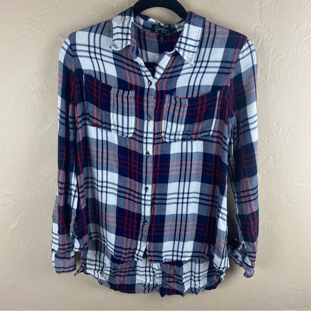 Jessica Simpson White Blue Red Plaid Flannel Shirt Top Small